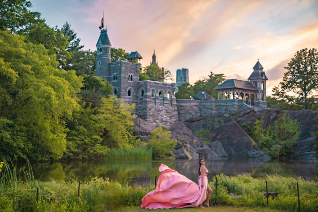 Pink flying dress in Central Park