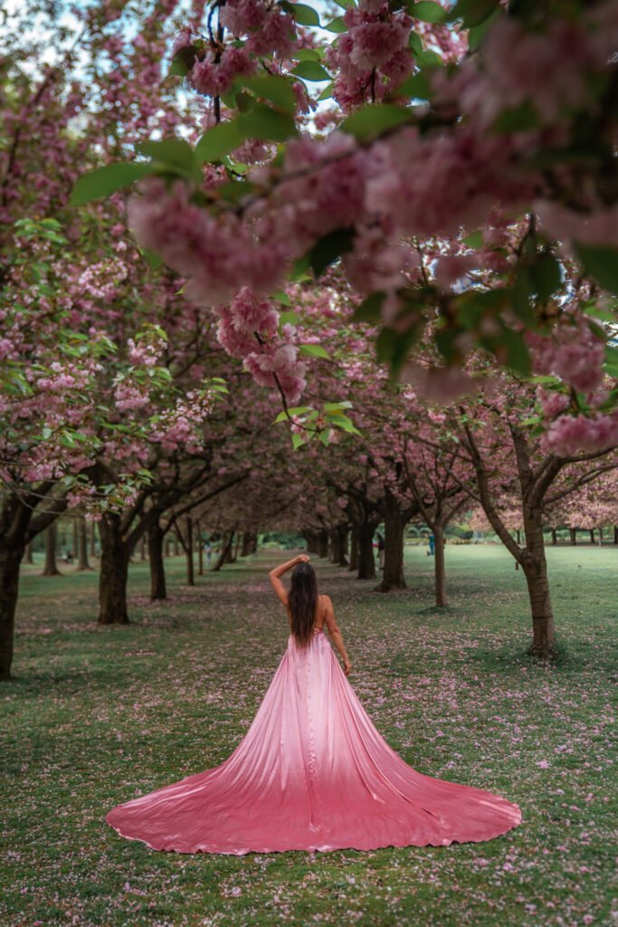 Flying dress photoshoot at Brooklyn Botanic Gardens in NYC