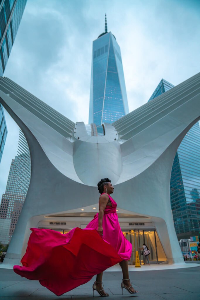 Flying dress photoshoot in front of the Freedom Tower in NYC