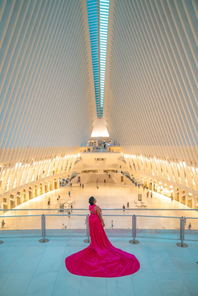 Flying dress photoshoot in Oculus, NYC