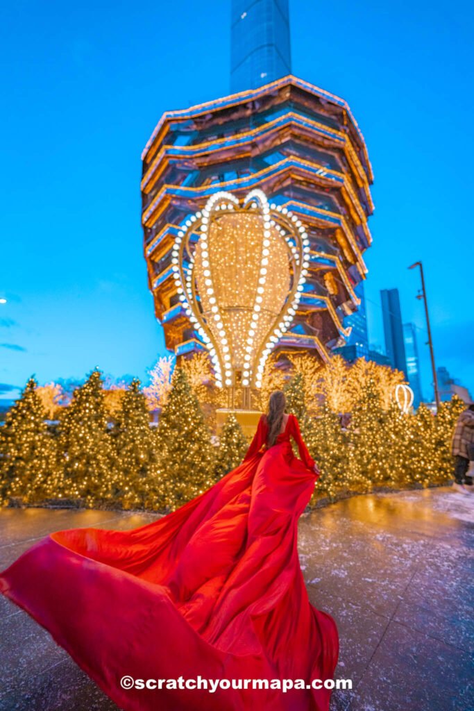 Flying Dress Photoshoot in front of the Vessel during Christmas in New York