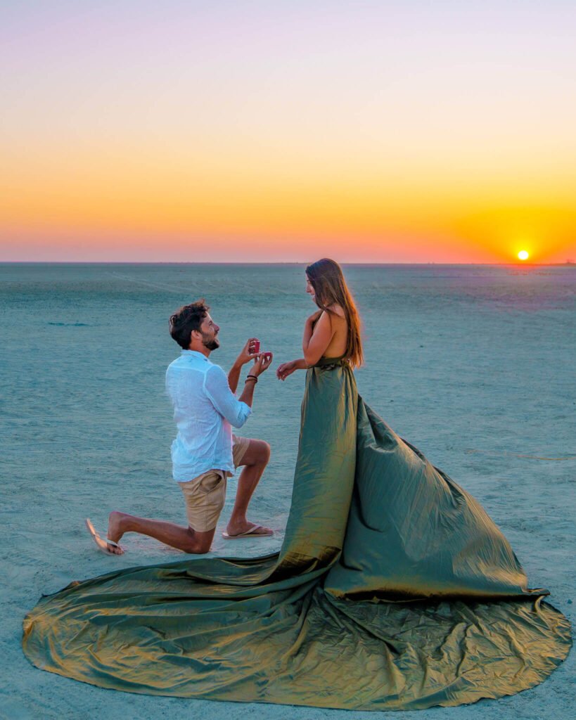 Fede proposing to Danni in a flying dress in Botswana