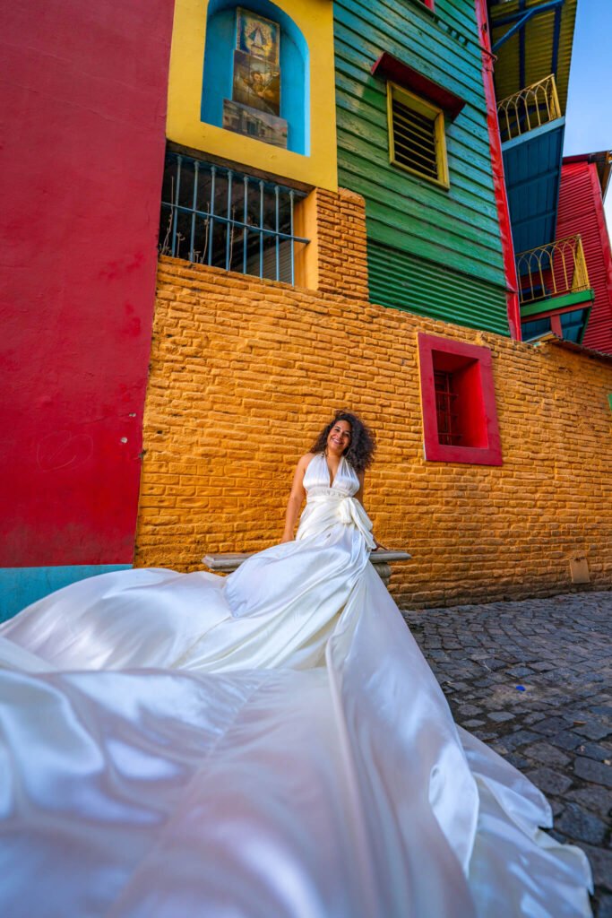 Flying dress photoshoot at Caminito in La Boca, Buenos Aires, Argentina