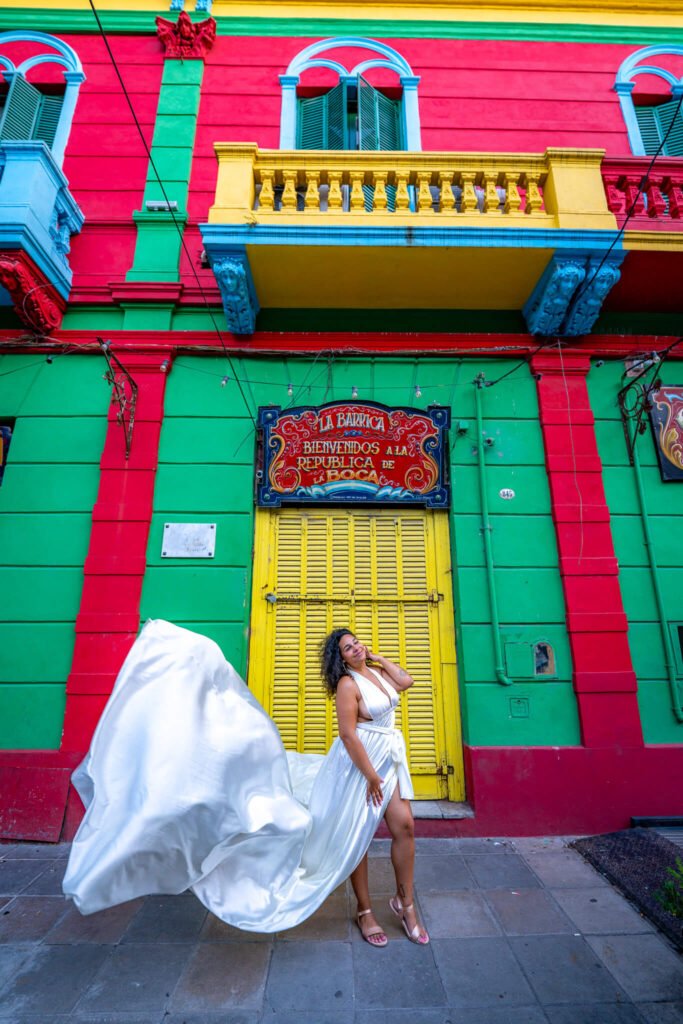 Flying dress photoshoot at Caminito in La Boca, Buenos Aires, Argentina