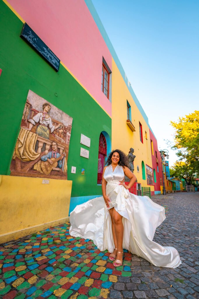 Flying dress photoshoot at Caminito in La Boca, Buenos Aires, Argentina