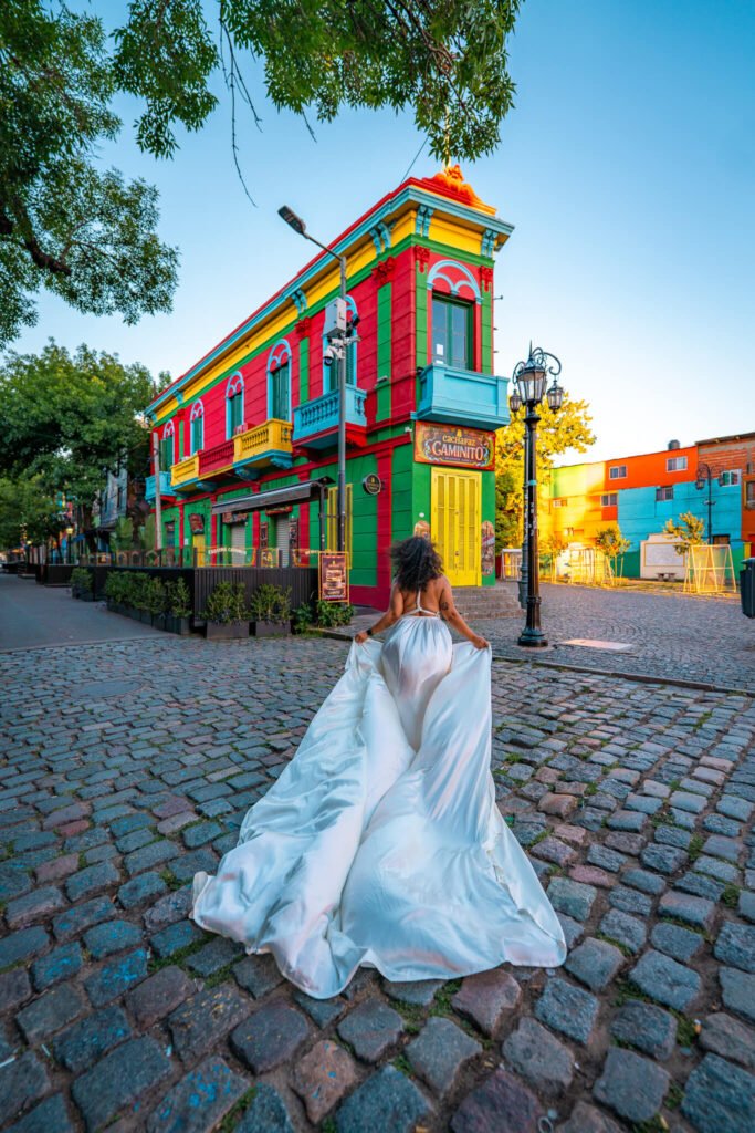 Flying dress photoshoot at Caminito in La Boca, Buenos Aires, Argentina
