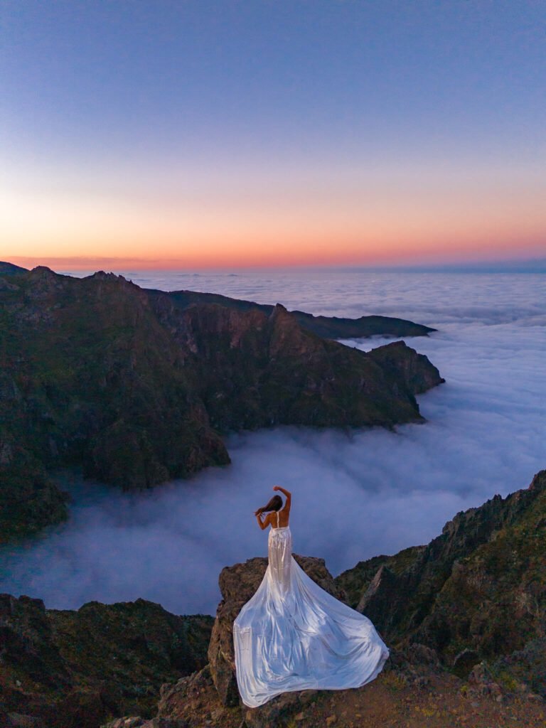 Flying dress photoshoot at Pico do Arieiro in Madeira, Portugal