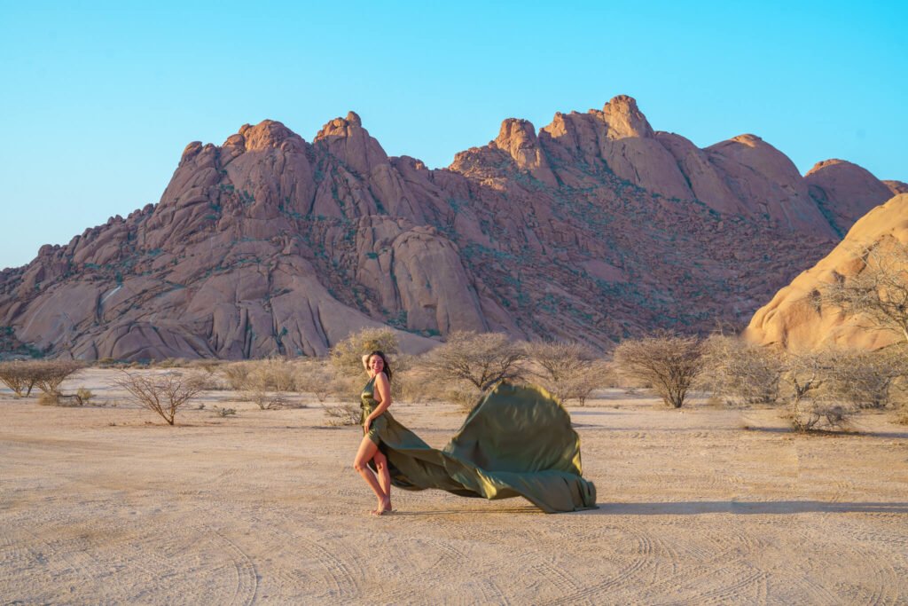 Flying dress photoshoot in Namibia