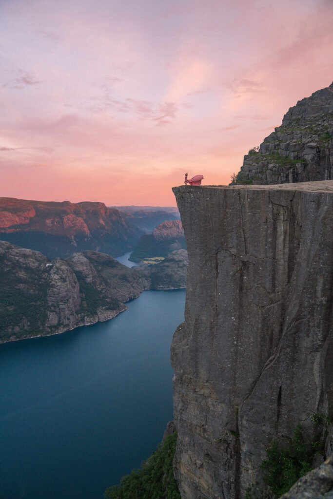 Flying dress photoshoot at Pulpit Rock in Norway