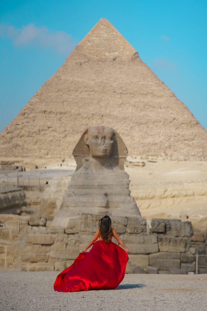 Flying dress photoshoot iat the pyramids of Giza in Egypt