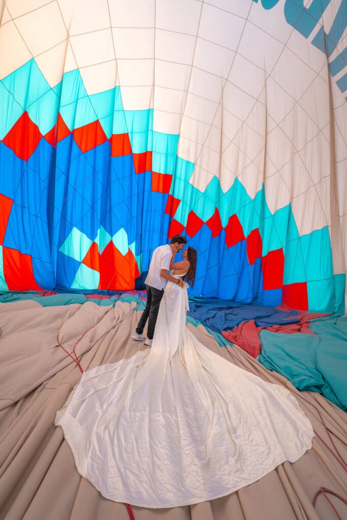 Flying dress photoshoot in a hot air balloon in Cappadocia, Turkiye