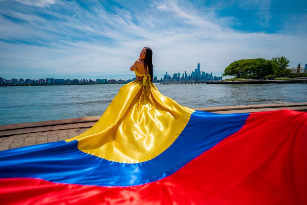 Colombia flag flying dress photoshoot in NYC