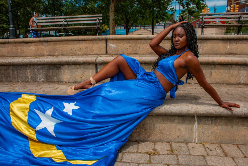 Curacao flag flying dress photoshoot at the 2026 World Cup event in NYC
