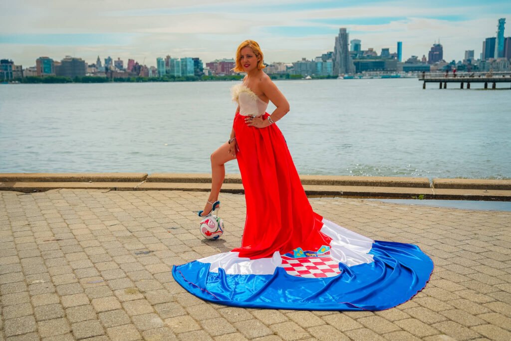 girl in a Croatia flag flying dress by Flying Dresses New York