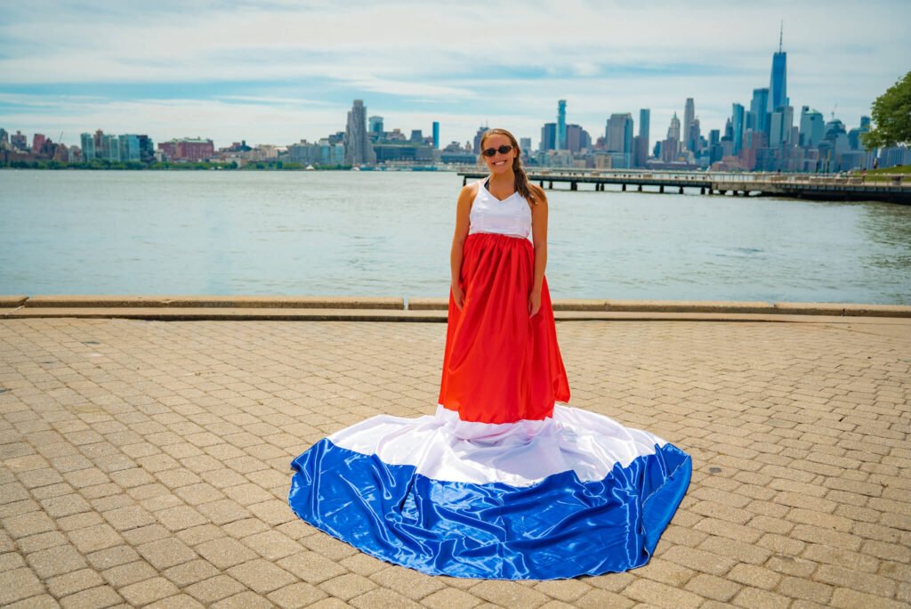 girl in a Netherlands flag flying dress by Flying Dresses New York