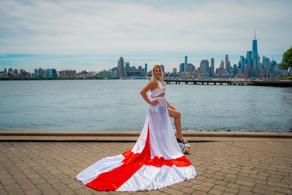 girl in an England flag flying dress by Flying Dresses New York