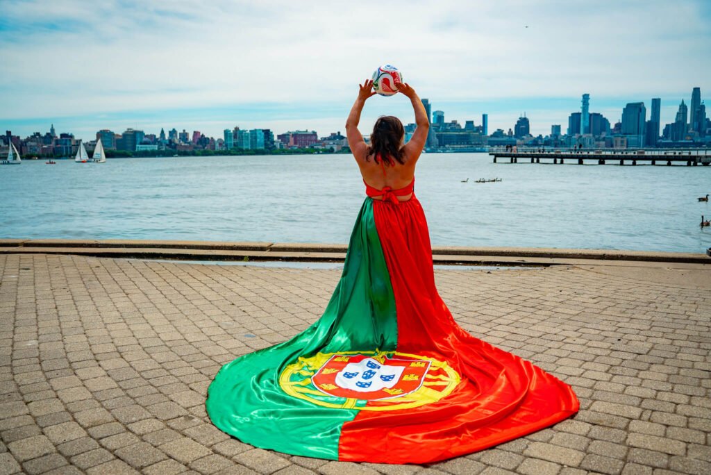 girl in a Portugal flag flying dress by Flying Dresses New York
