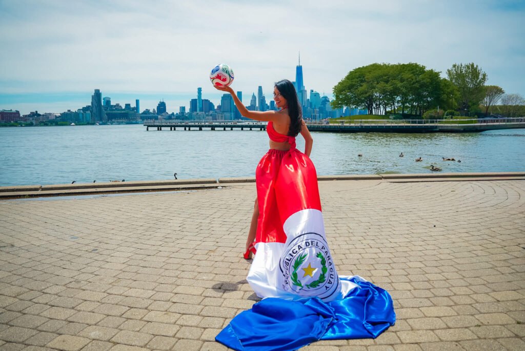 girl in a Paraguay flag flying dress by Flying Dresses New York