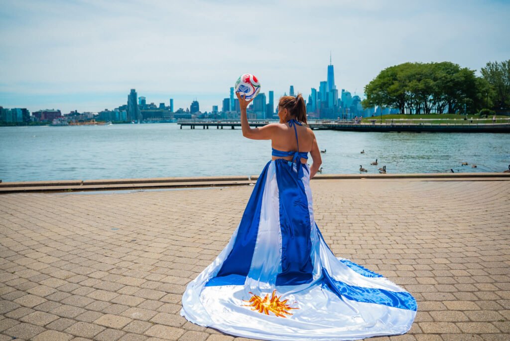 girl in an Uruguay flag flying dress by Flying Dresses New York