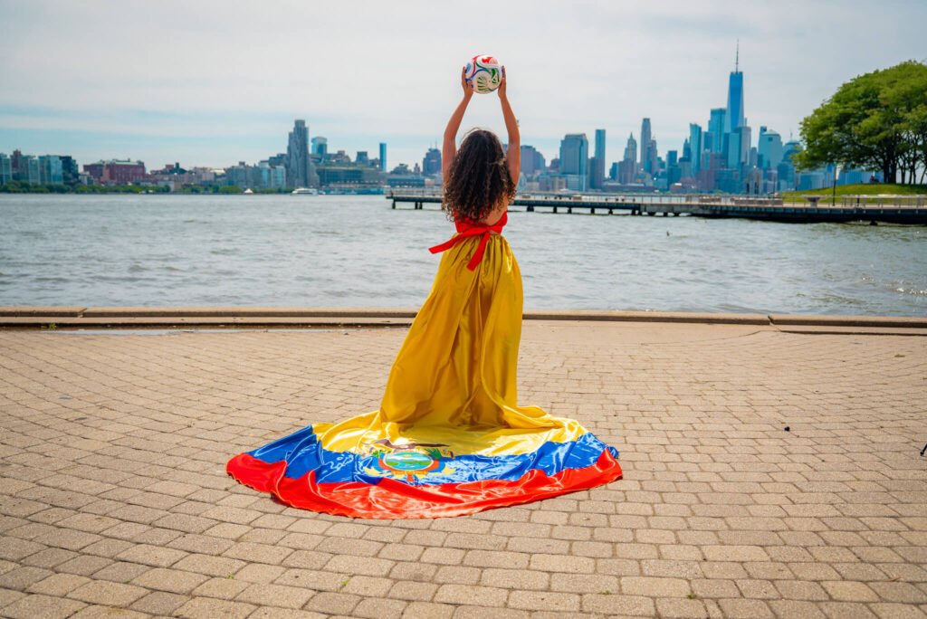 girl in an Ecuador flag flying dress by Flying Dresses New York