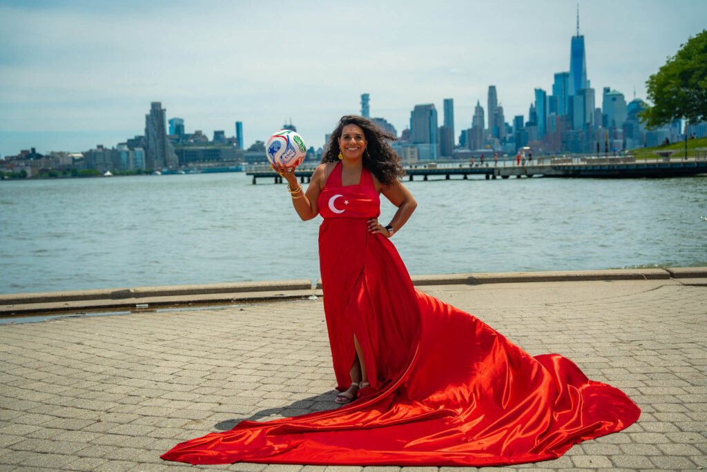 girl in a Turkiye flag flying dress by Flying Dresses New York