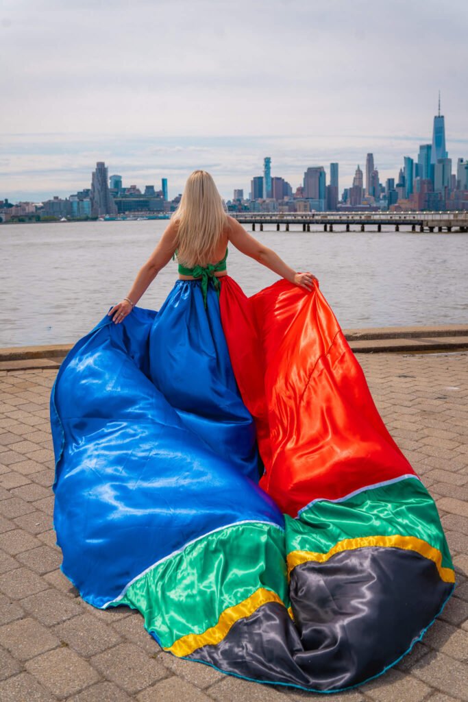 girl in a South Africa flag flying dress by Flying Dresses New York