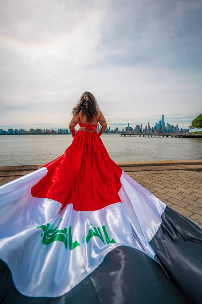 girl in an Iraq flag flying dress by Flying Dresses New York