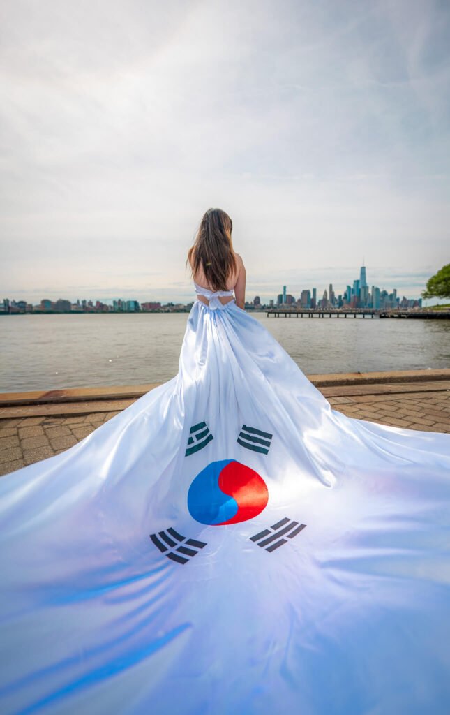 girl in a Korea flag flying dress by Flying Dresses New York