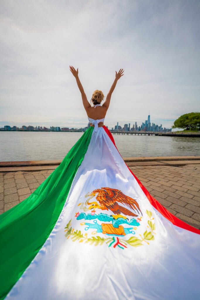 girl in a Mexico flag flying dress by Flying Dresses New York