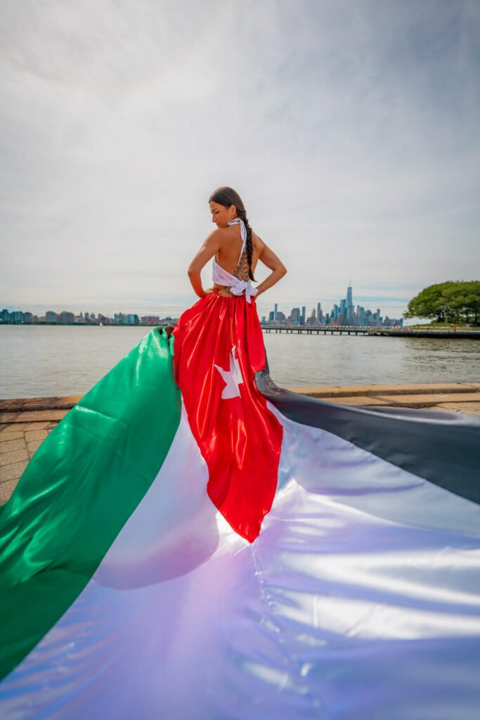 girl in a Jordan flag flying dress by Flying Dresses New York