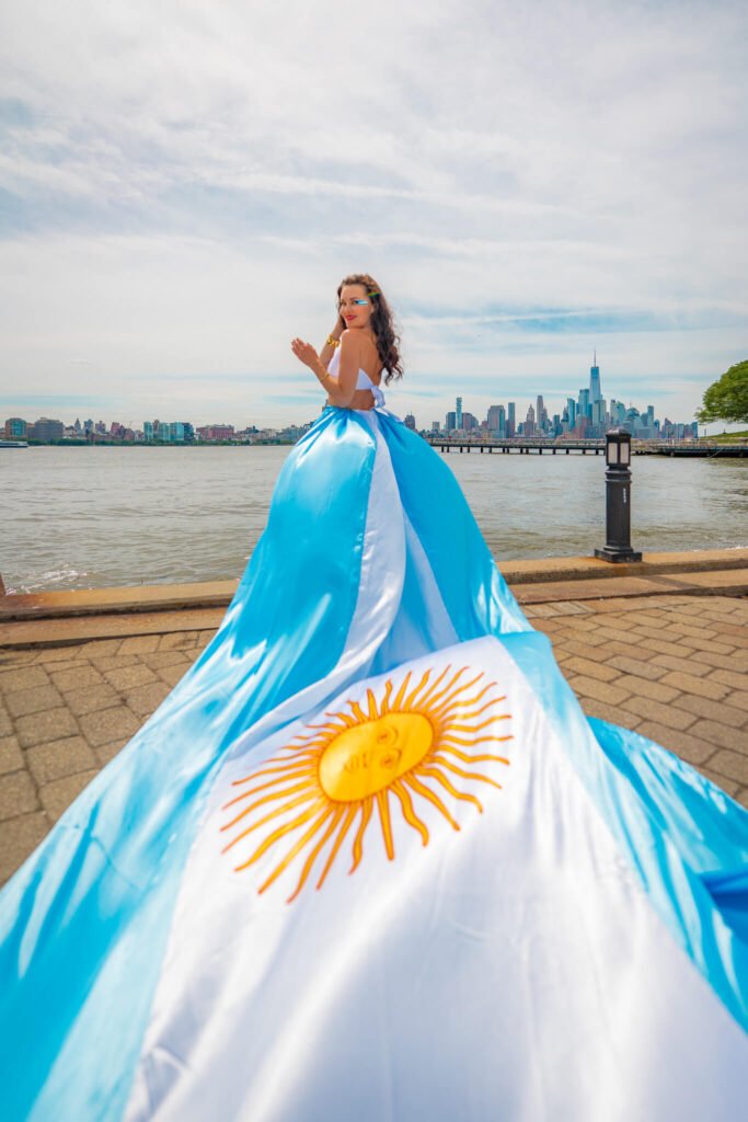 girl in an Argentina flag flying dress by Flying Dresses New York