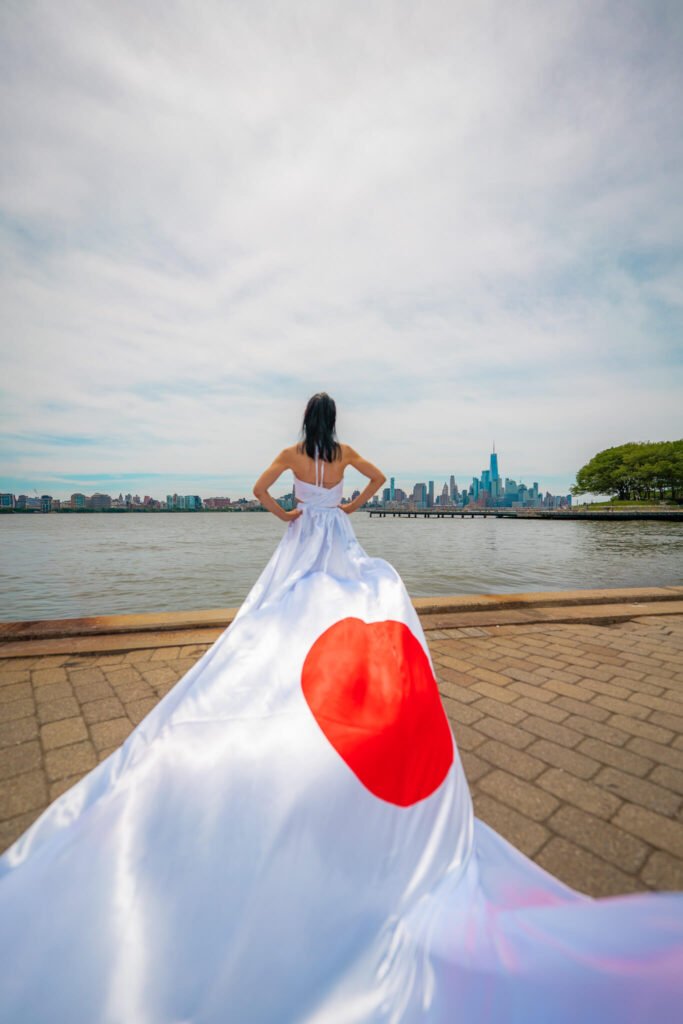 girl in a Japan flag flying dress by Flying Dresses New York