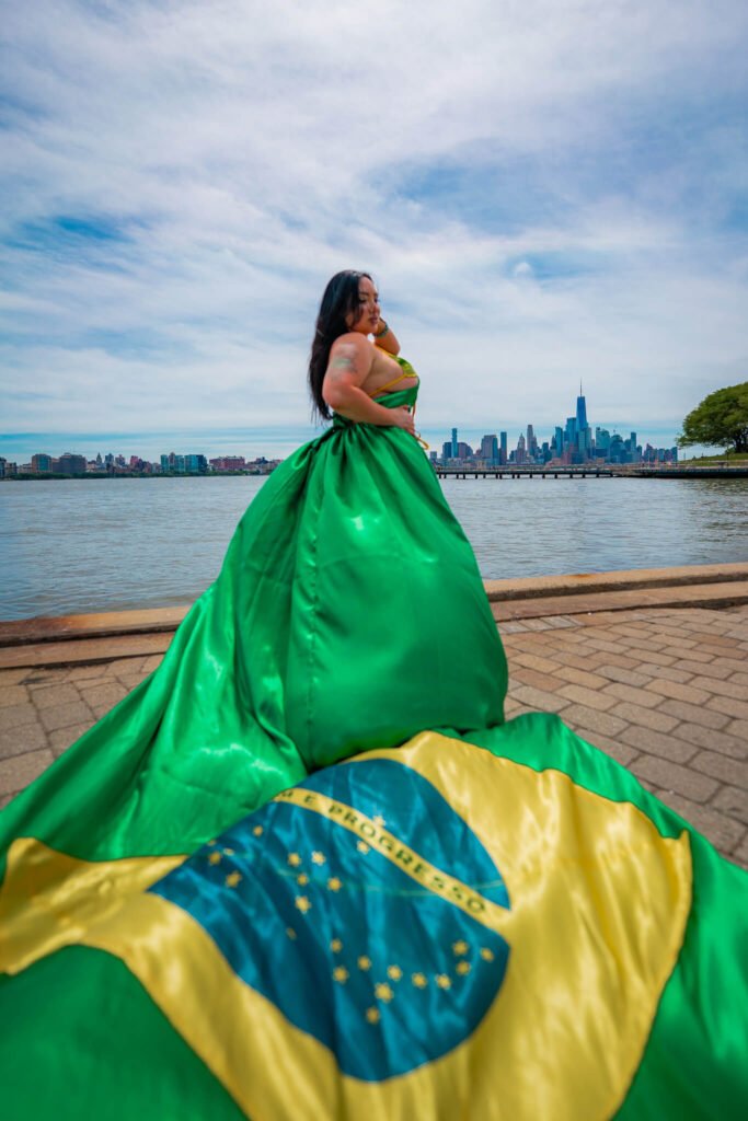 girl in a Brazil flag flying dress by Flying Dresses New York