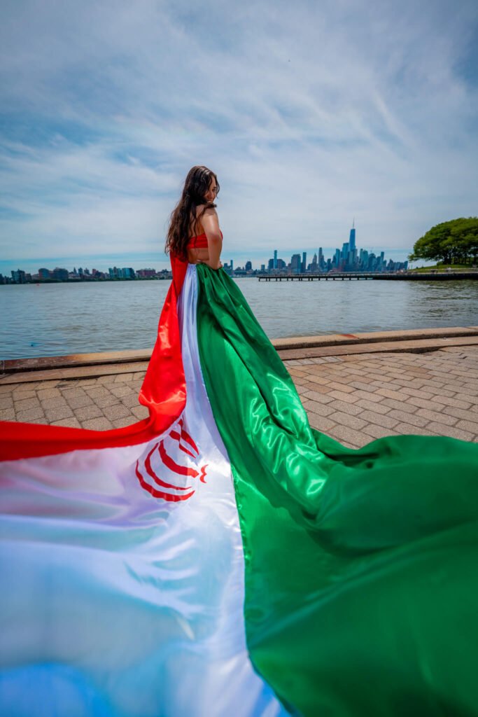 girl in an Iran flag flying dress by Flying Dresses New York
