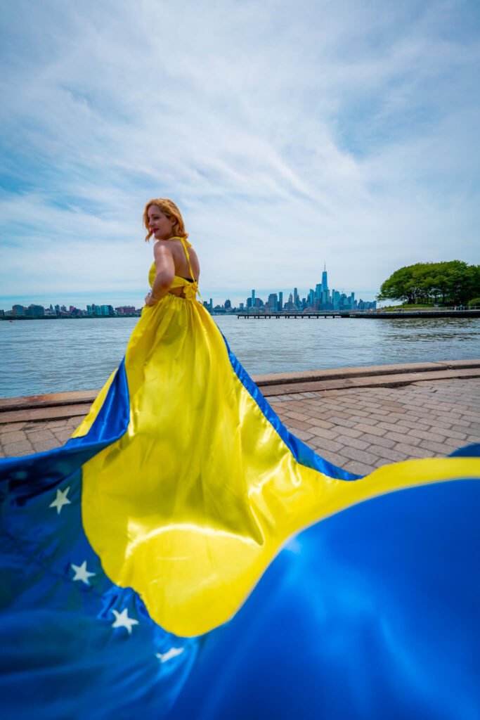 girl in a Bosnia & Herzegovina flag flying dress by Flying Dresses New York