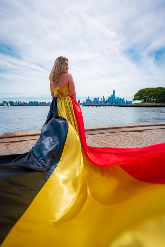 girl in a Belgium flag flying dress by Flying Dresses New York