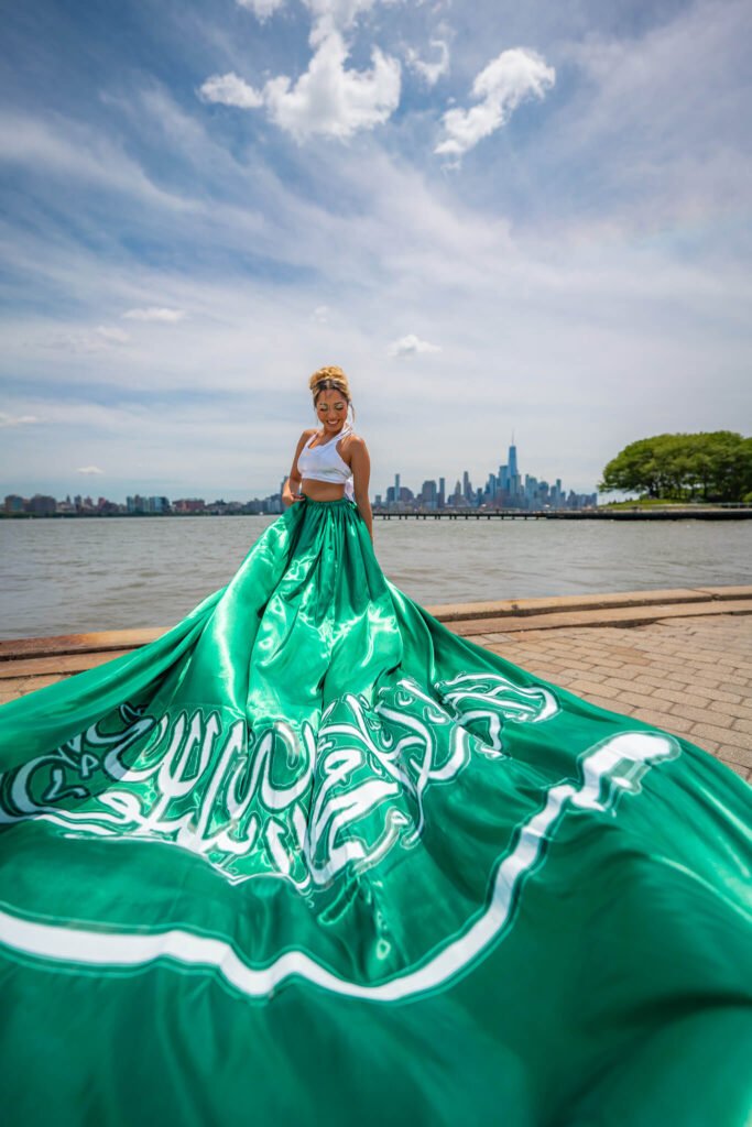 girl in a Saudi Arabia flag flying dress by Flying Dresses New York