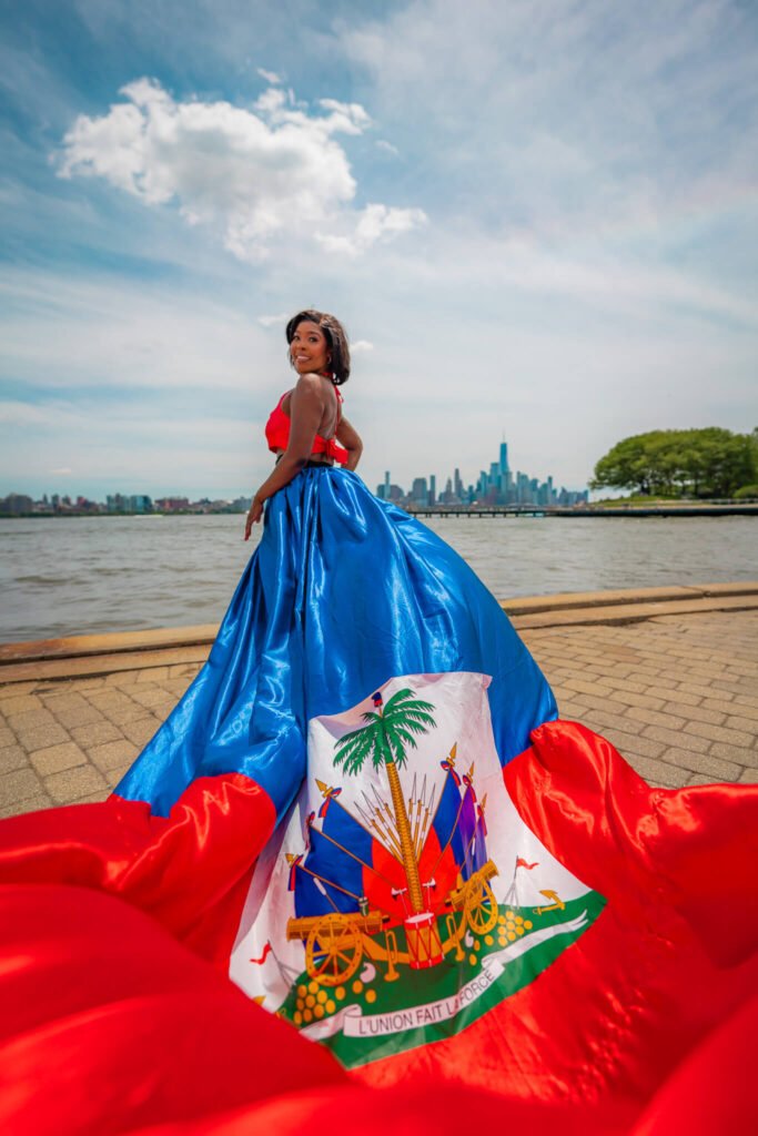 girl in a Haiti flag flying dress by Flying Dresses New York