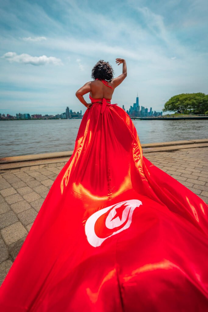 girl in a Tunisia flag flying dress by Flying Dresses New York