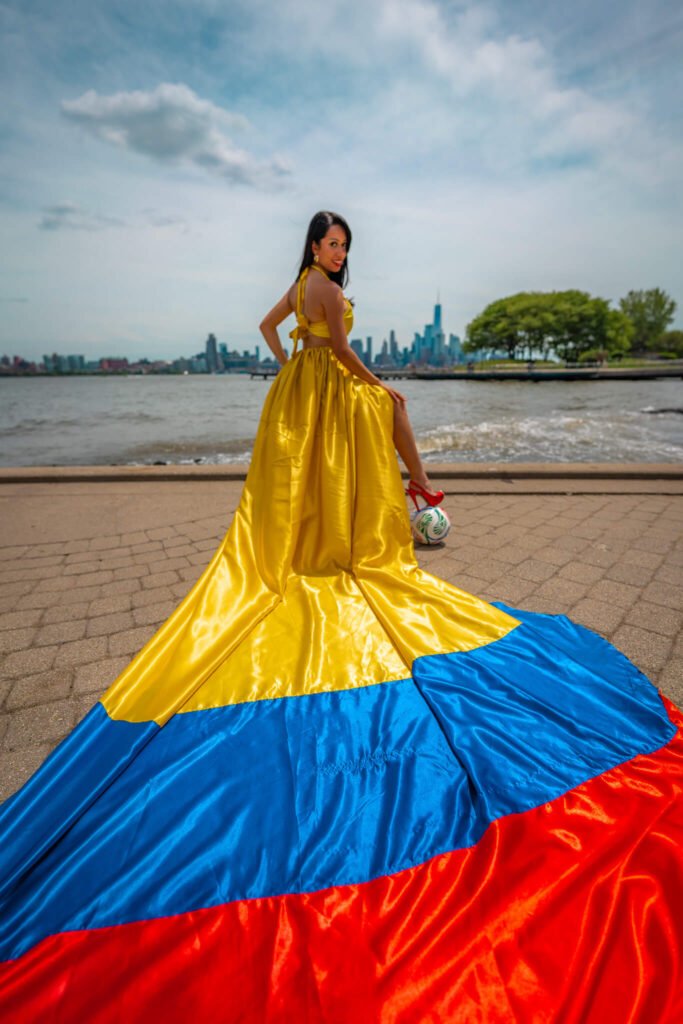 girl in a Colombia flag flying dress by Flying Dresses New York