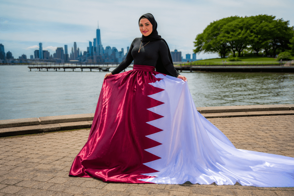 girl in a Qatar flag flying dress in front of the NYC skyline