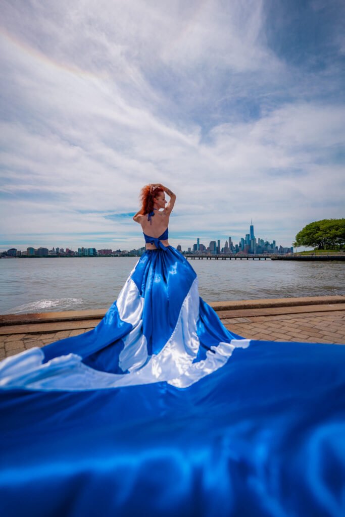 girl in a Scotland flag flying dress by Flying Dresses New York