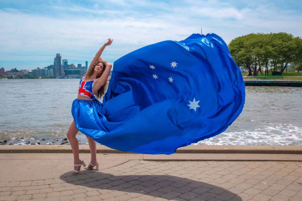 girl in an Australia flag flying dress by Flying Dresses New York