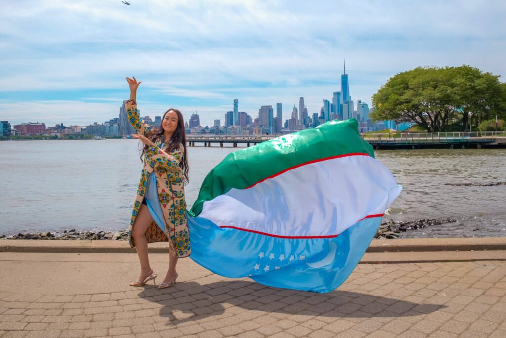 Uzbekistan flag flying dress photoshoot at the 2026 World Cup event in NYC