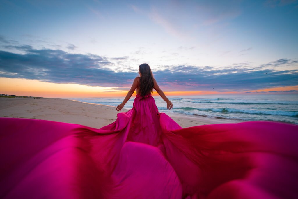 pink flying dress photoshoot at the beach in NJ