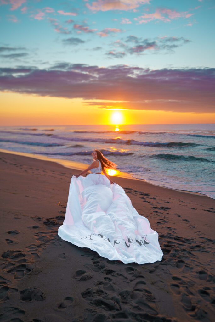 Flying dress photoshoot in Long Beach Island, New Jersey at sunrise