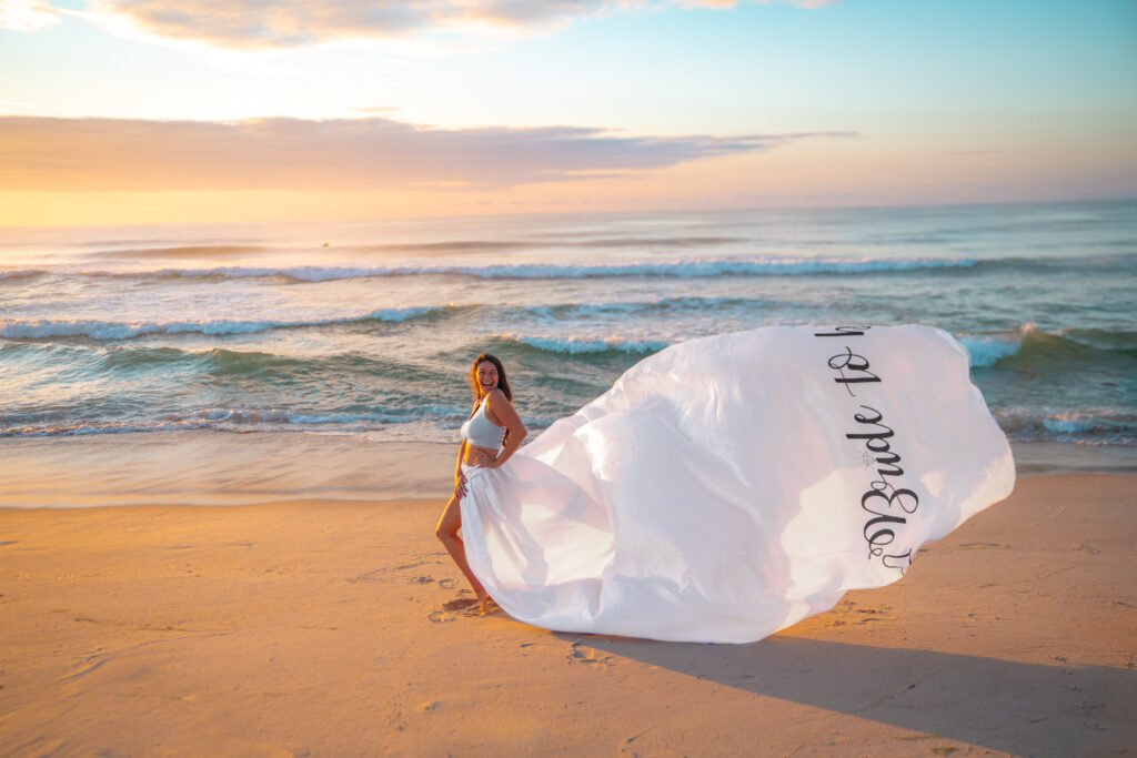 Bride to be engagement flying dress photoshoot in LBI, Jersey Shore