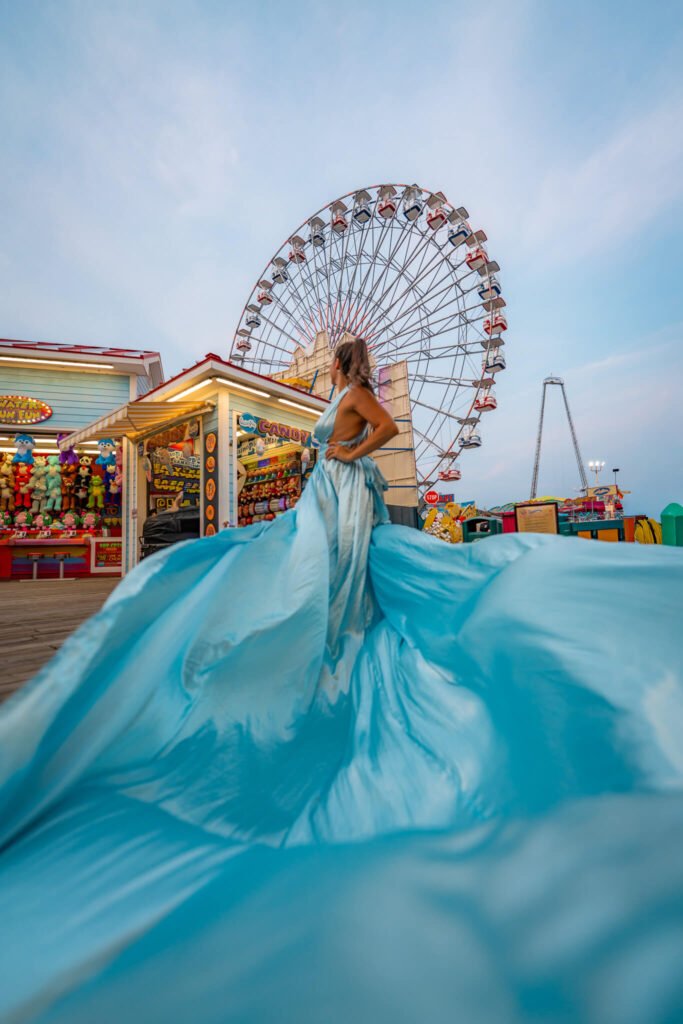 Flying dress photoshoot at the Seaside Height boardwalk in New Jersey