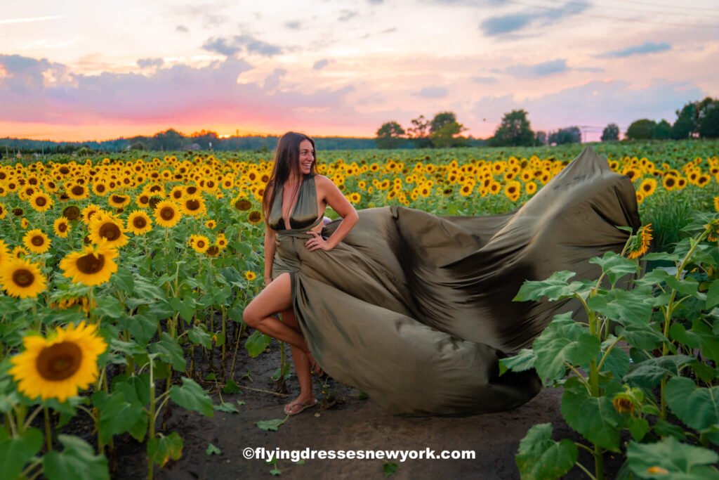 flying dress photoshoot in the sunflower fields of new jersey